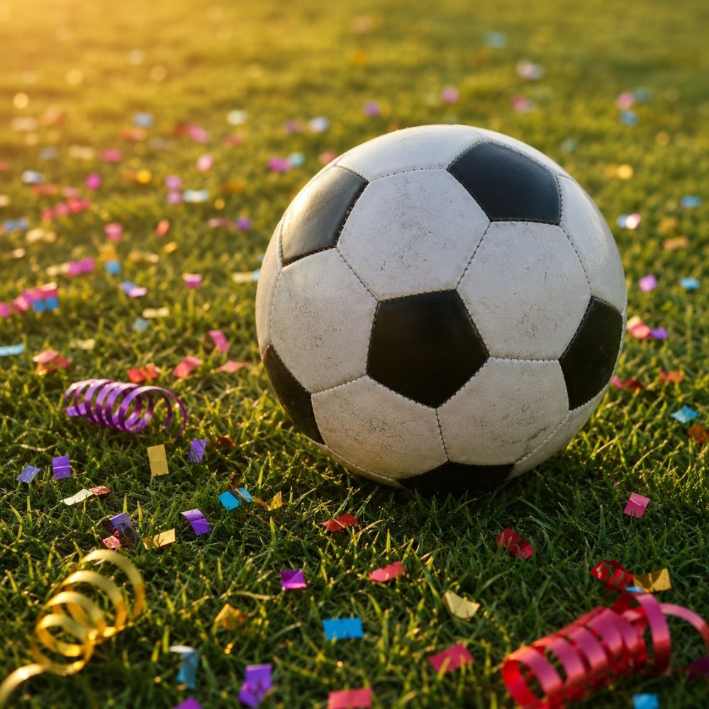 Nahaufnahme eines Lederfußballs auf sattem Grün mit Konfetti im warmen Abendlicht – digitale Einladung zum Fußballevent