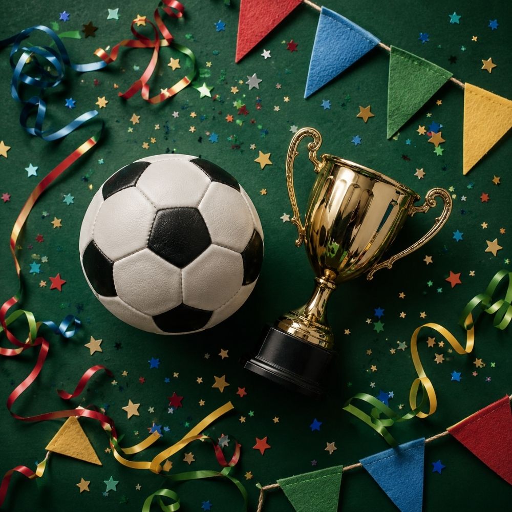 Flat-Lay mit Lederball, Goldpokal, Wimpeln und Konfetti auf dunkelgrünem Untergrund – edle Fußball-Einladung