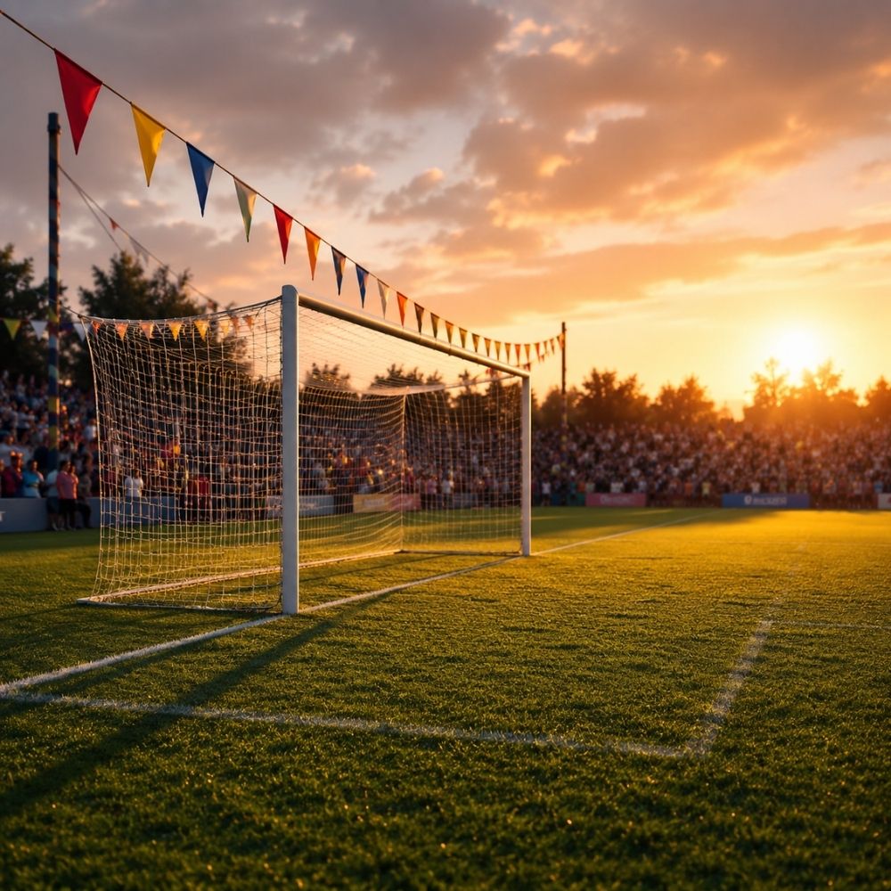 Fußballplatz bei Sonnenuntergang mit bunten Wimpeln an den Torpfosten – stimmungsvolle digitale Fußball-Einladung