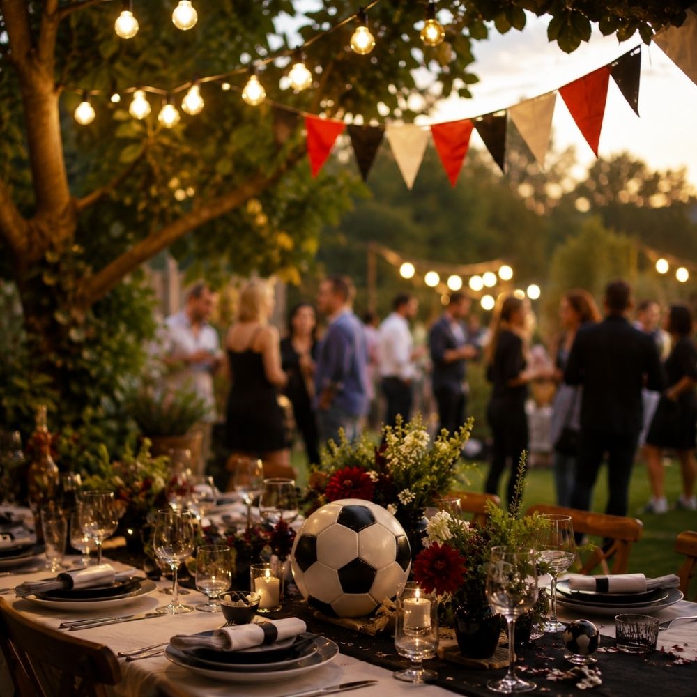 Stimmungsvolle Gartenparty mit Fußball-Deko, Lichterketten und Girlanden im Abendsonnenlicht