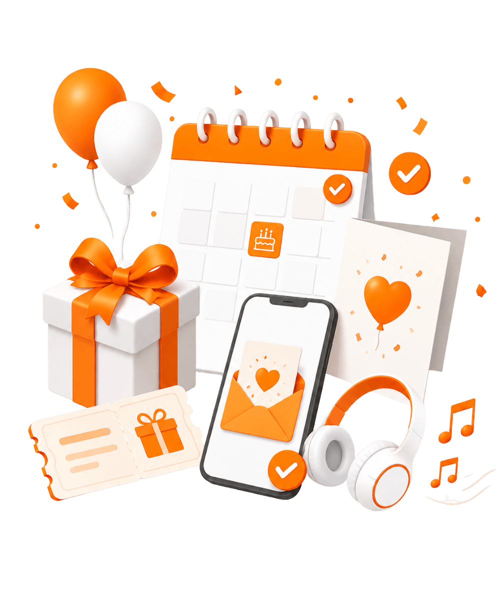 Illustration zum Geburtstagsclub mit Kalender, Geschenk, Smartphone, Grußkarte, Kopfhörern und Ballons in Orange und Weiß als Symbol für Geburtstagserinnerungen und Geschenkideen.