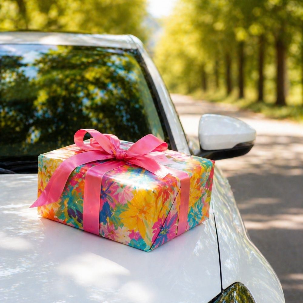 Buntes Geschenkpaket mit Schleife auf einer Motorhaube als kreative Geldgeschenk Führerschein Idee