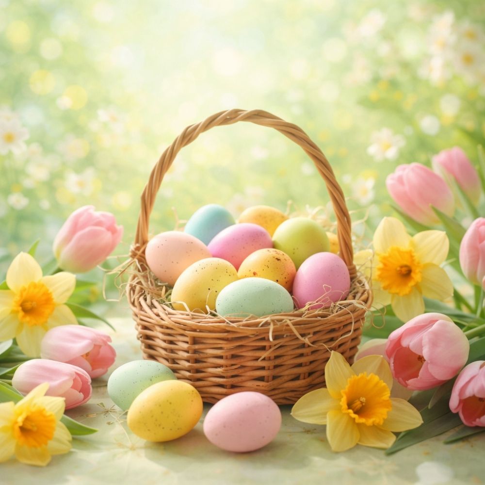 Pastellfarbene Ostereier im Weidenkörbchen mit Frühlingsblumen – Ostergutschein selbst gestalten bei eCARD4you