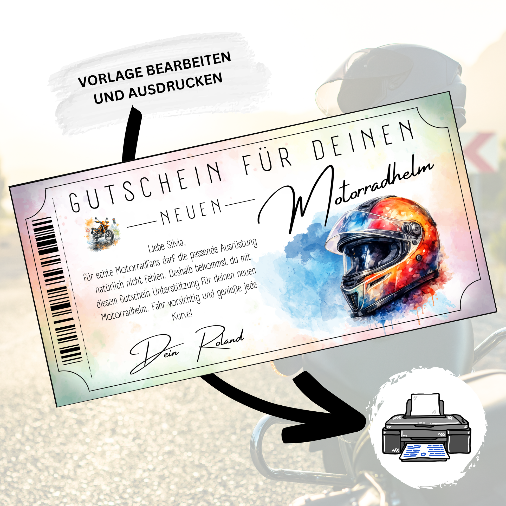 Geschenkgutschein Motorradhelm Aquarell rot-orange auf Pastell sofort Download