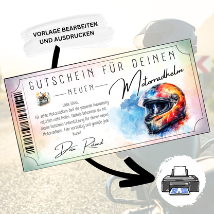 Geschenkgutschein Motorradhelm Aquarell rot-orange auf Pastell sofort Download