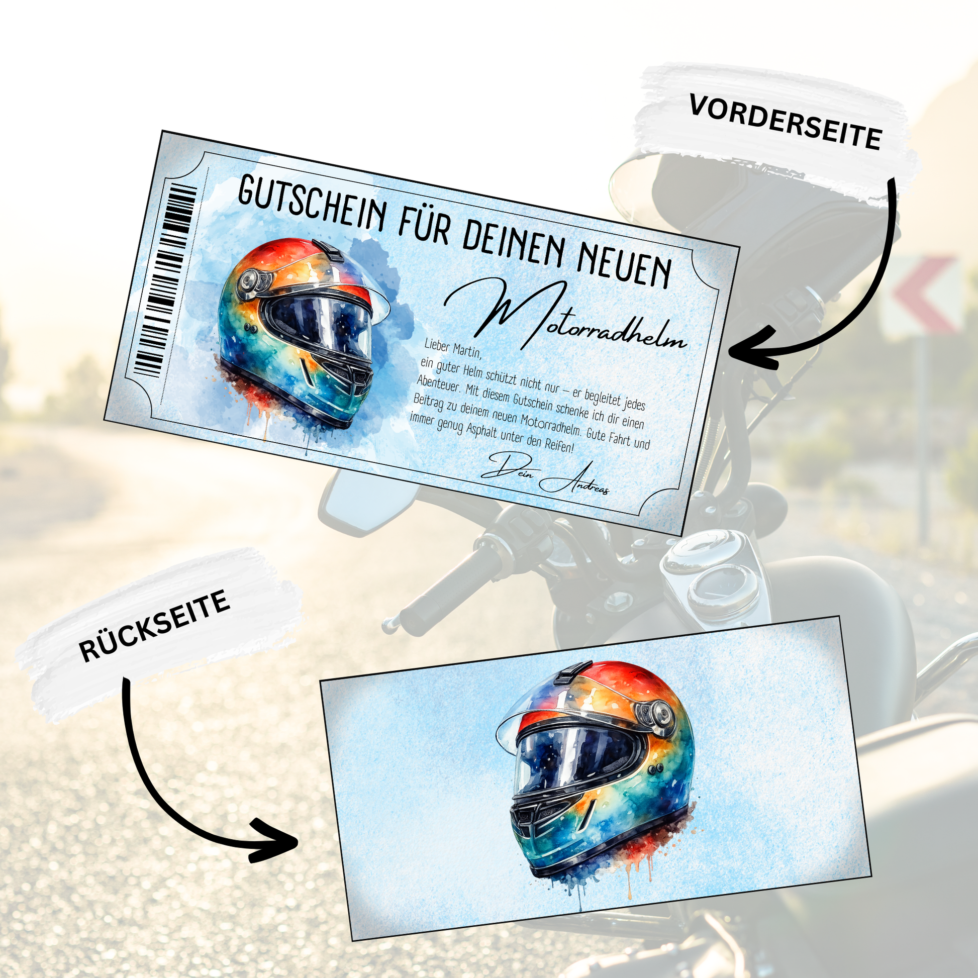 Geschenkgutschein Motorradhelm hellblaues Design mit buntem Integralhelm