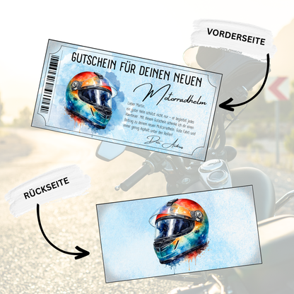 Geschenkgutschein Motorradhelm hellblaues Design mit buntem Integralhelm