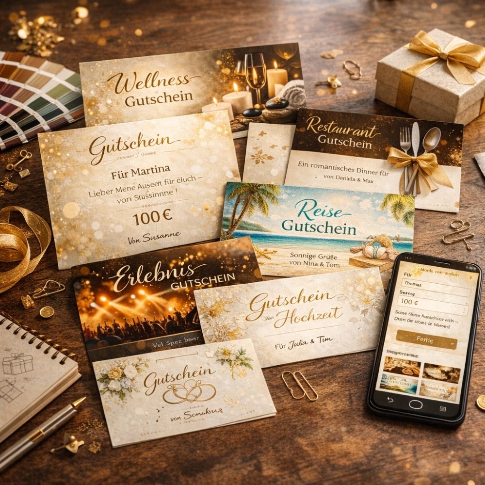 Verschiedene Gutschein-Karten, darunter Wellness, Restaurant und Reise-Gutscheine, zusammen mit einem Smartphone.