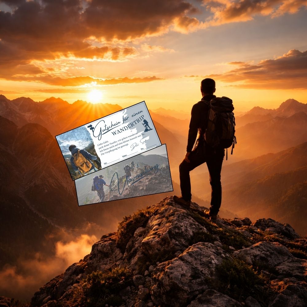 Silhouette auf Berggipfel beim Sonnenuntergang – Gutschein für Erlebnisse in der Natur individuell personalisieren
