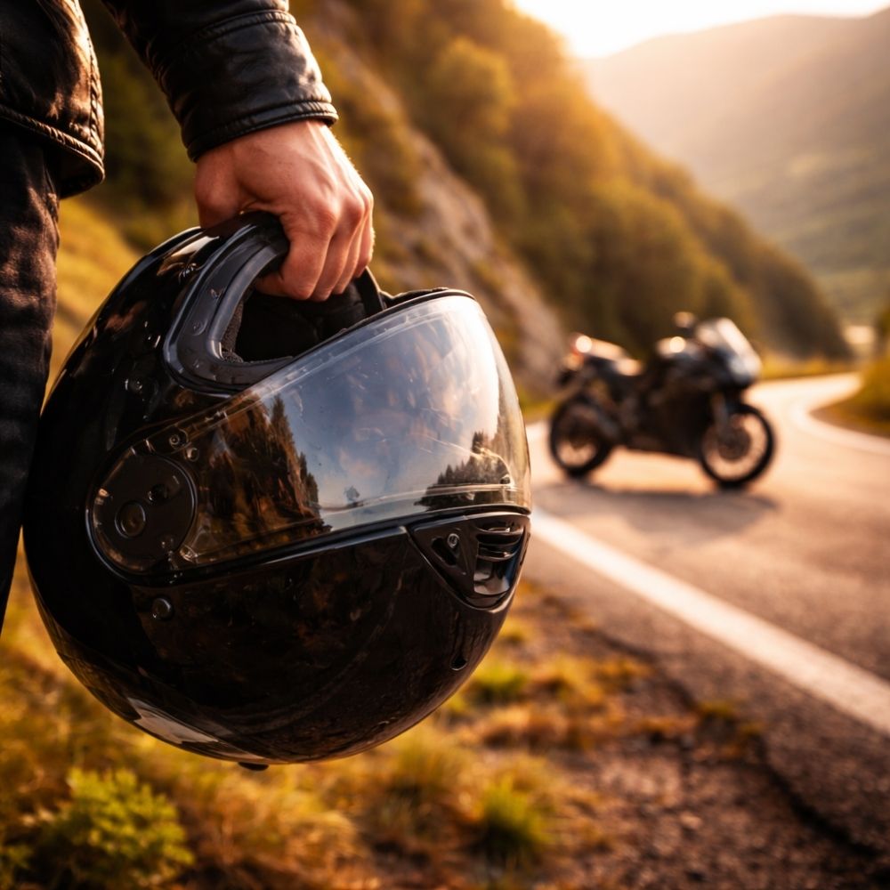 Hand hält Motorradhelm mit Bergstraße im Hintergrund – Motorradstunden Gutschein Vorlage digital verschenken