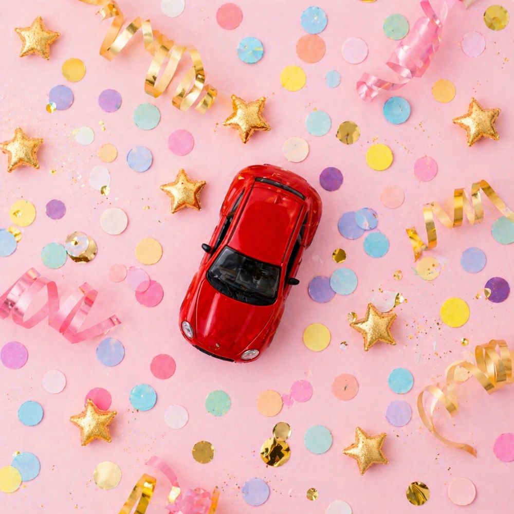 Rotes Miniatur-Spielzeugauto mit Konfetti und Sternen als festliche Dekoration für einen Geschenkgutschein 18 Geburtstag Führerschein