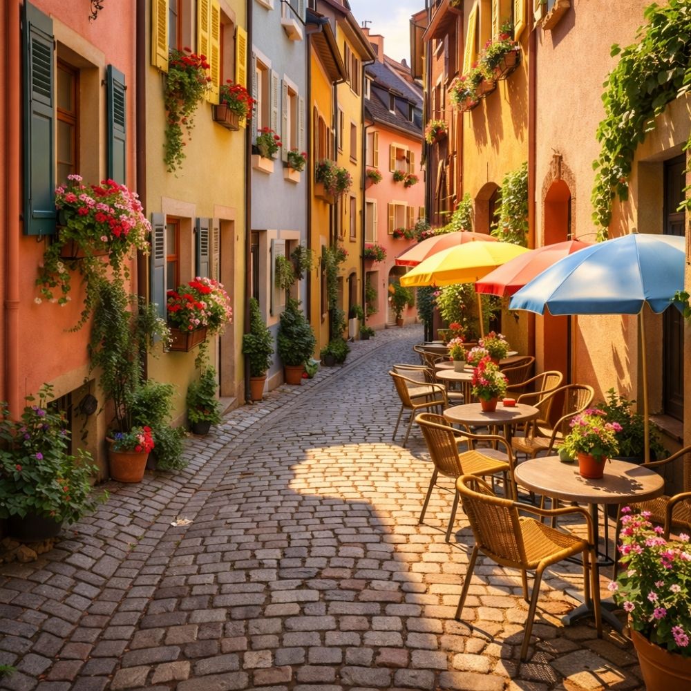 Bunte Kopfsteinpflaster-Gasse in einer europäischen Altstadt mit Blumenkästen und Café-Tischen – ideales Bild für einen Gutschein für Städtereise basteln
