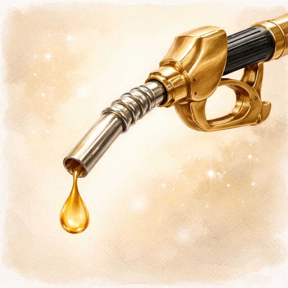 Goldene Zapfpistole mit Kraftstofftropfen in Aquarell – edles Motiv für einen digitalen Gutschein für Benzin, personalisierbar und druckbar