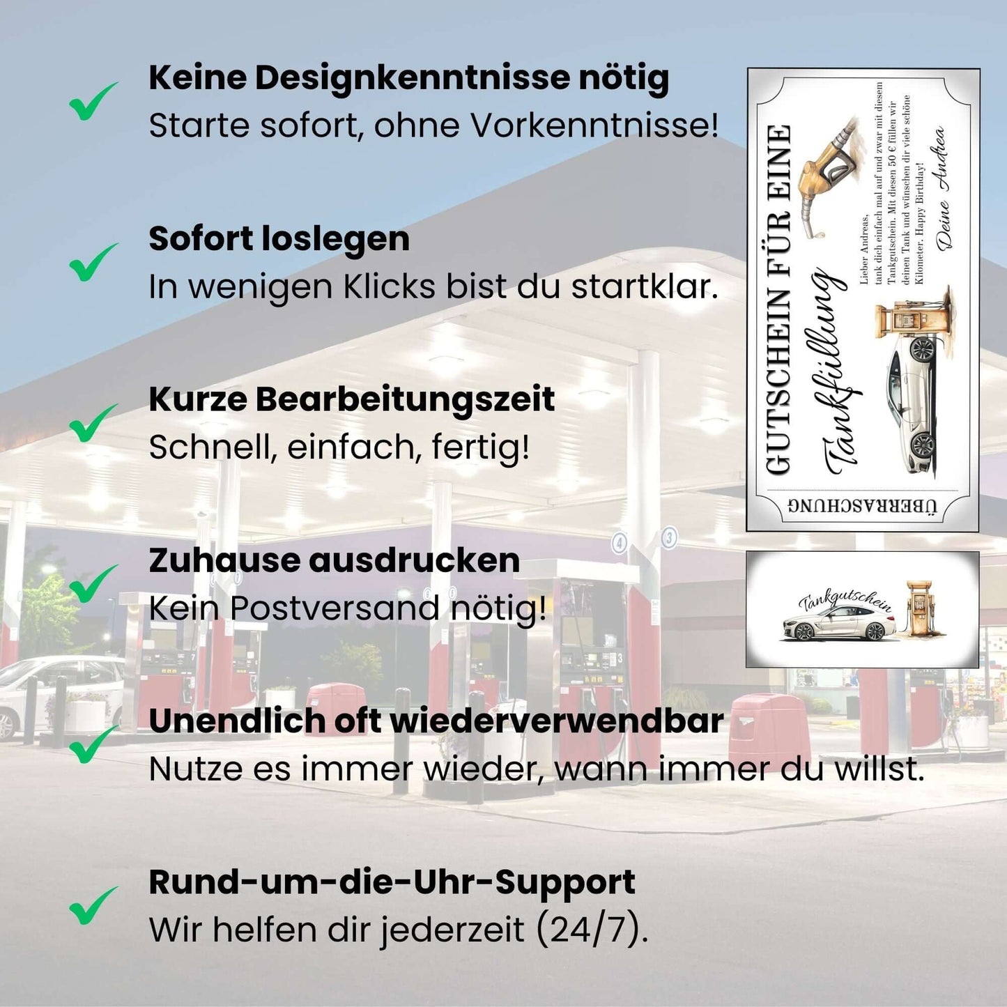 Tankgutschein für Männer – Vorteile und einfache Nutzung, Tankstelle im Hintergrund, modernes Geschenk für Autofahrer.