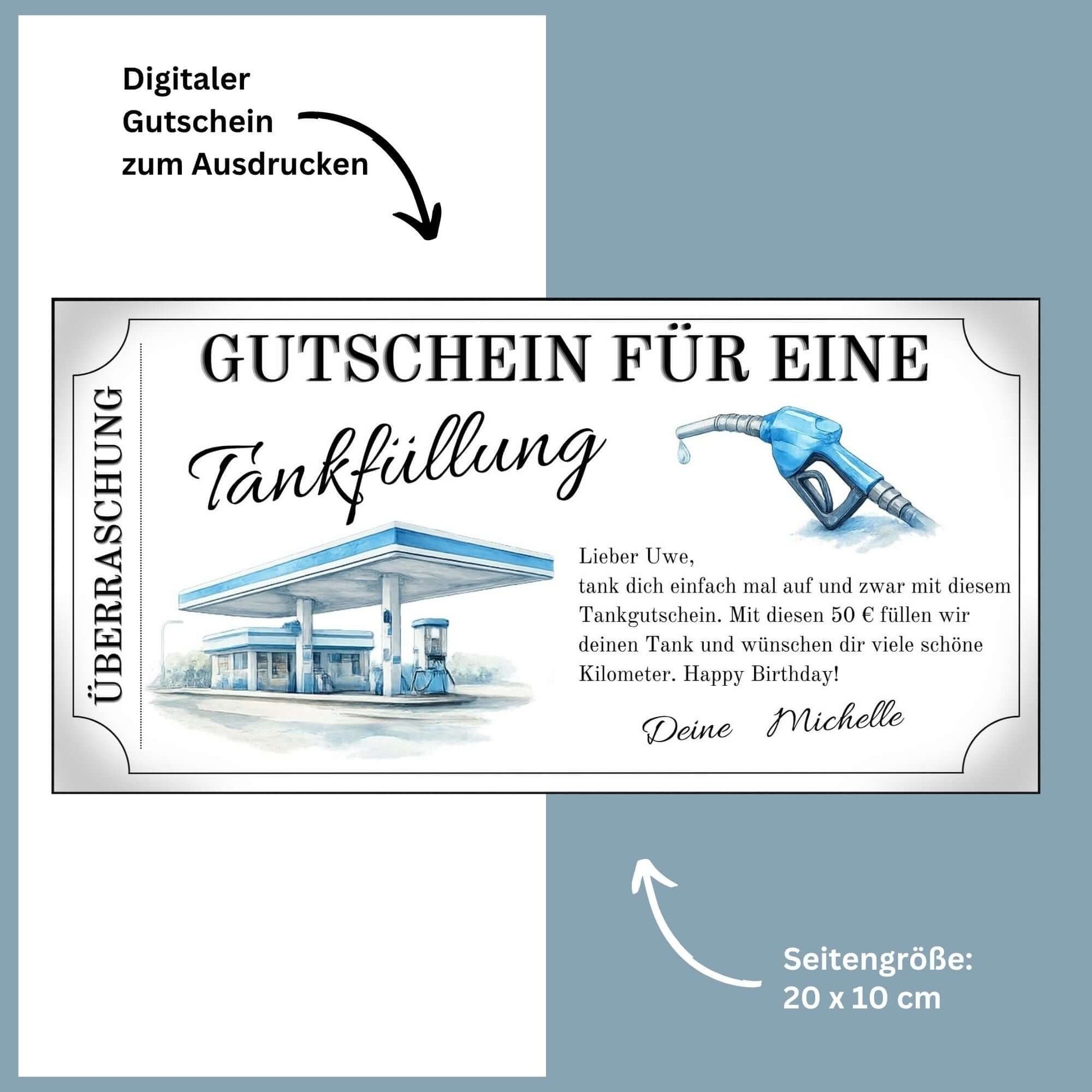Tankgutschein für eine Tankfüllung zum Ausdrucken, personalisierbar mit Platz für Namen und persönliche Nachricht.