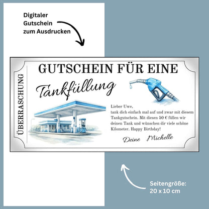 Tankgutschein für eine Tankfüllung zum Ausdrucken, personalisierbar mit Platz für Namen und persönliche Nachricht.