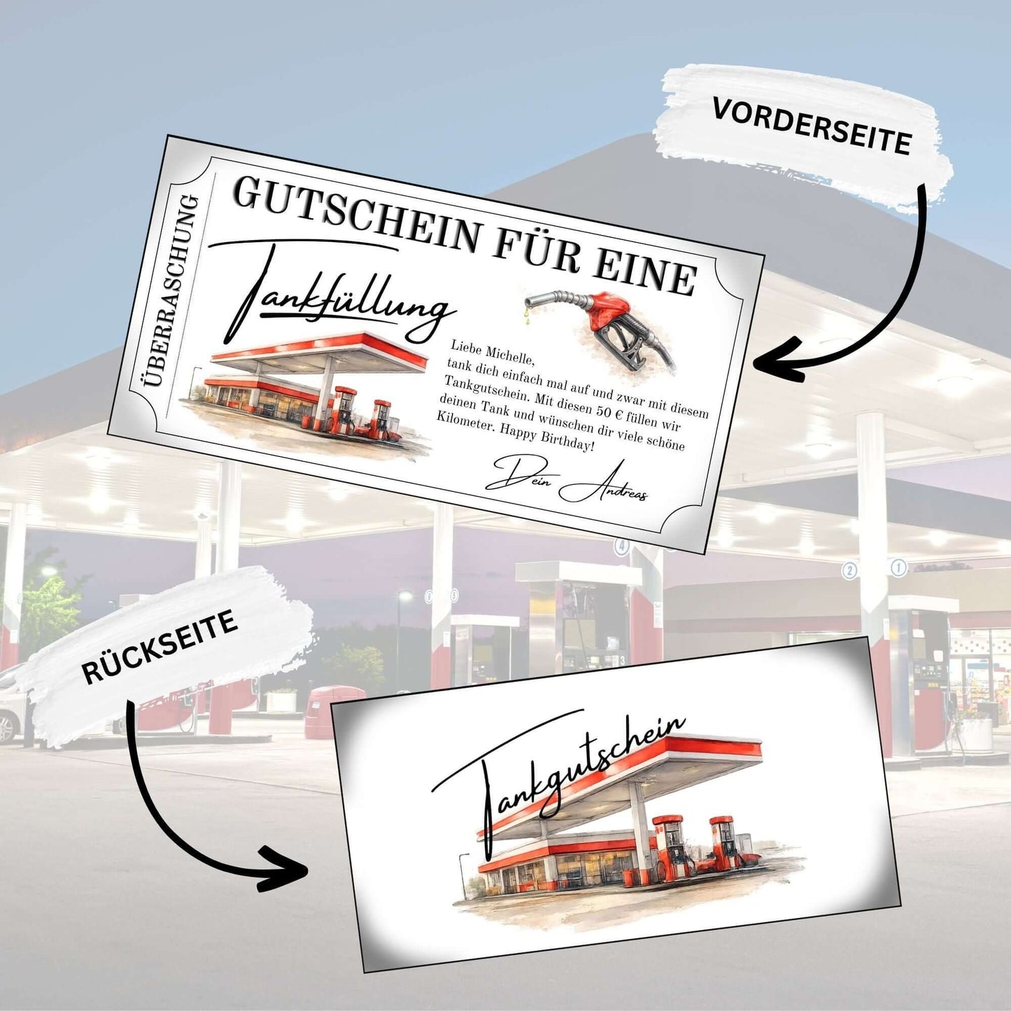 Digitaler Tankgutschein rot – Gutschein für eine Tankfüllung, Vorder- und Rückseite des Gutscheins.