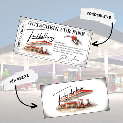 Digitaler Tankgutschein rot – Gutschein für eine Tankfüllung, Vorder- und Rückseite des Gutscheins.