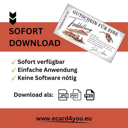 Digitaler Tankgutschein rot – Gutschein für eine Tankfüllung, sofort verfügbar und einfach anwendbar.
