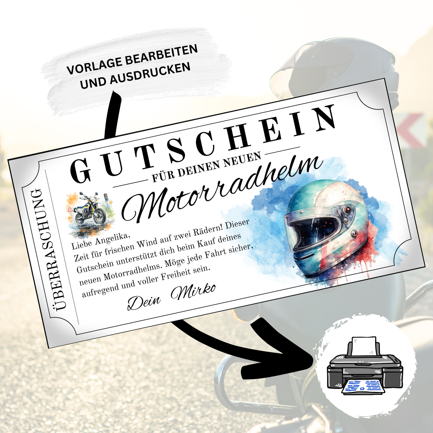 Digitaler Gutschein neuer Motorradhelm als Geburtstagsgeschenk für Motorrad-Fans