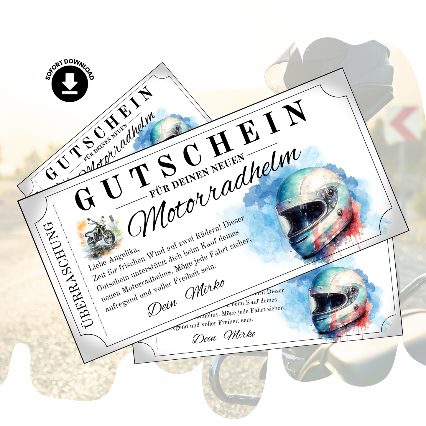 Gutschein neuer Motorradhelm digital selbst personalisieren sofort Download