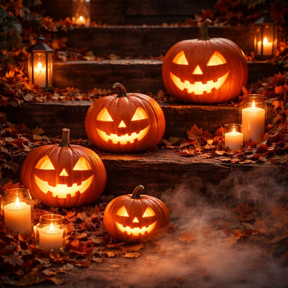 Leuchtende Halloween-Kürbisse auf Holztreppe mit Herbstlaub – Halloween Geschenkgutschein digital gestalten bei eCARD4you