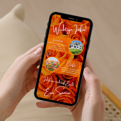 eCARD - Animierte Einladungskarte Geburtstag mit orange Rosen