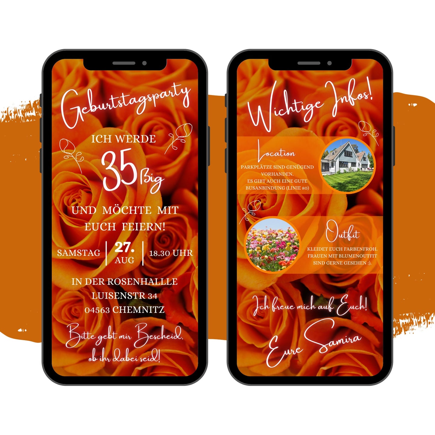 eCARD - Animierte Einladungskarte Geburtstag mit orange Rosen