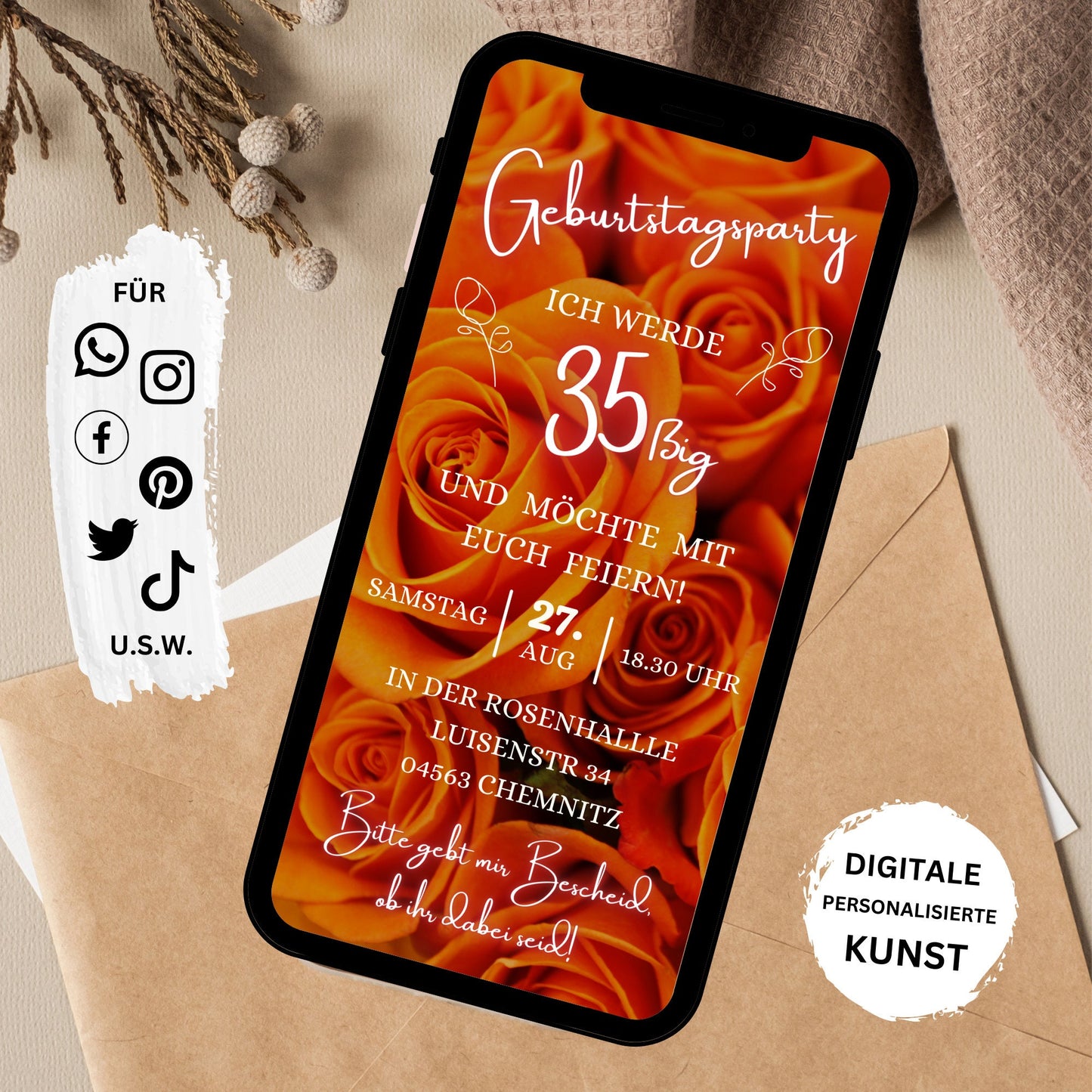 eCARD - Animierte Einladungskarte Geburtstag mit orange Rosen