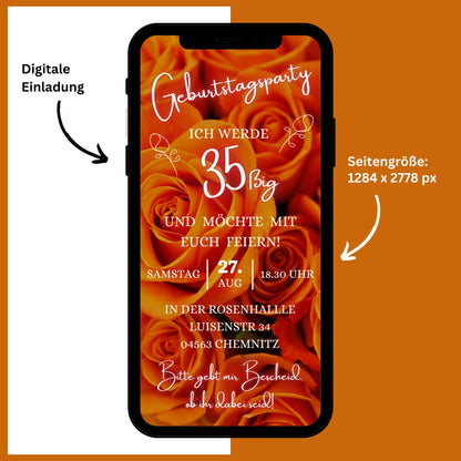 eCARD - Animierte Einladungskarte Geburtstag mit orange Rosen