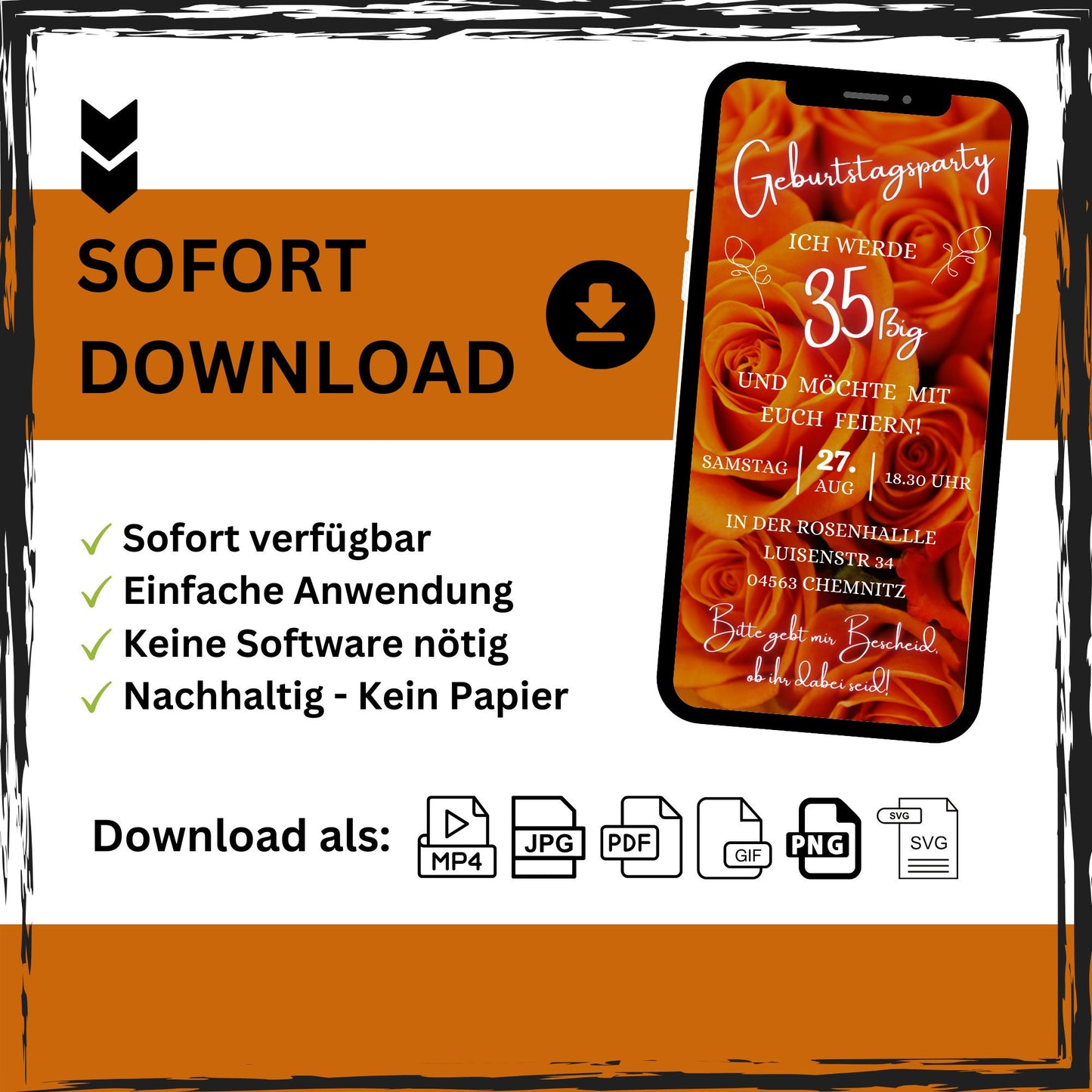 eCARD - Animierte Einladungskarte Geburtstag mit orange Rosen