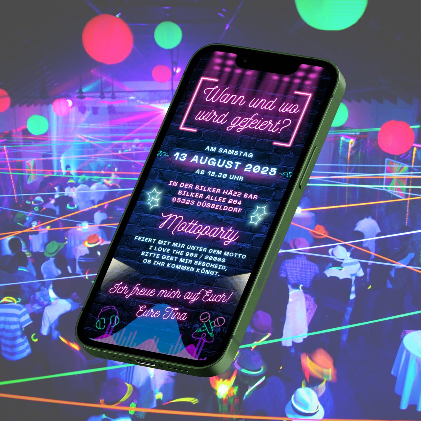 eCARD - Animierte moderne Neonparty Geburtstagskarte