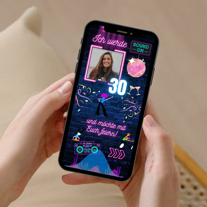 eCARD - Animierte moderne Neonparty Geburtstagskarte