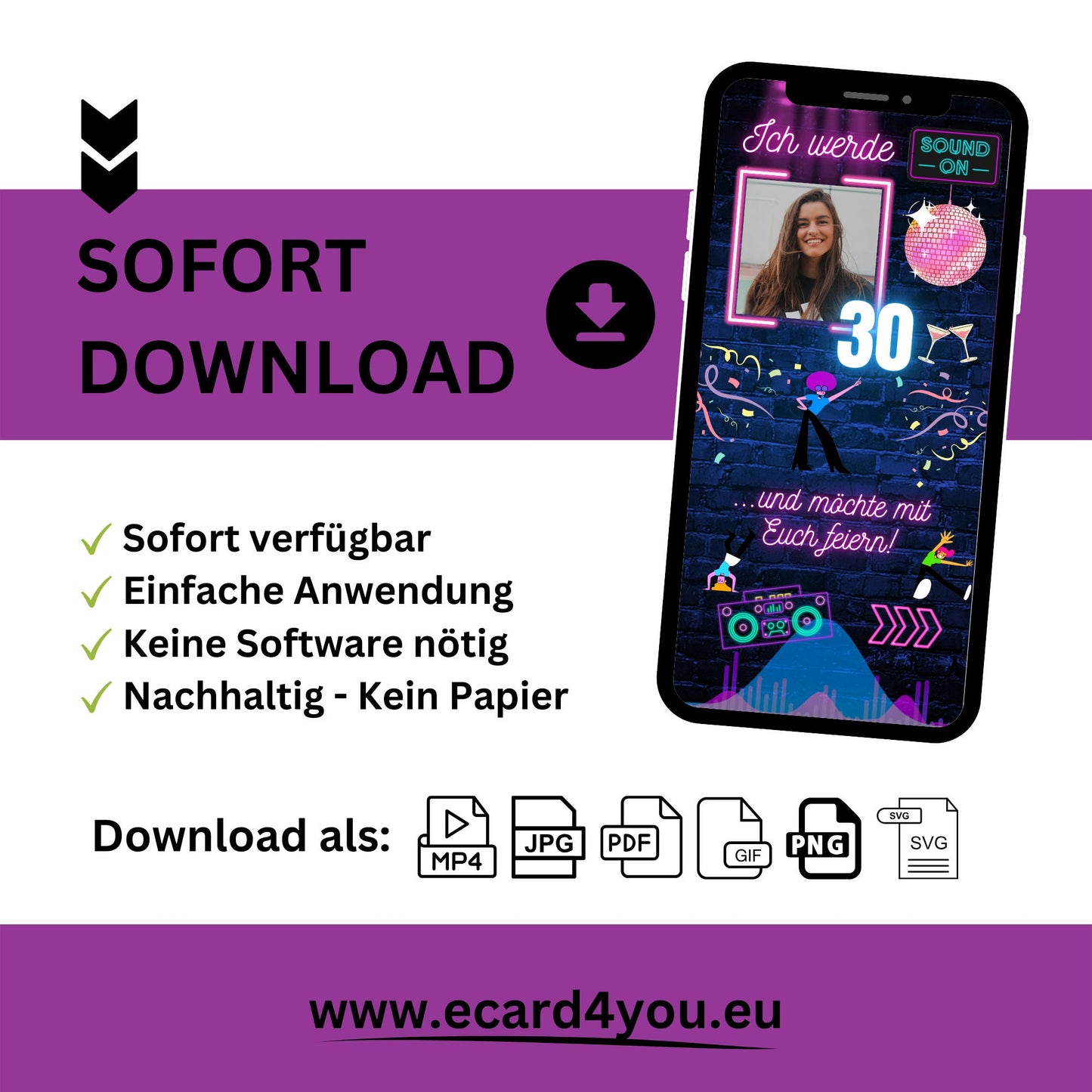 eCARD - Animierte moderne Neonparty Geburtstagskarte