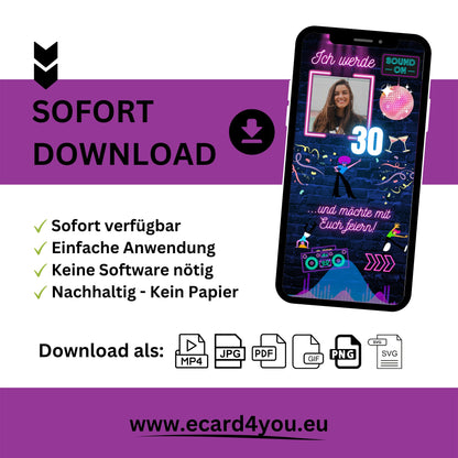 eCARD - Animierte moderne Neonparty Geburtstagskarte