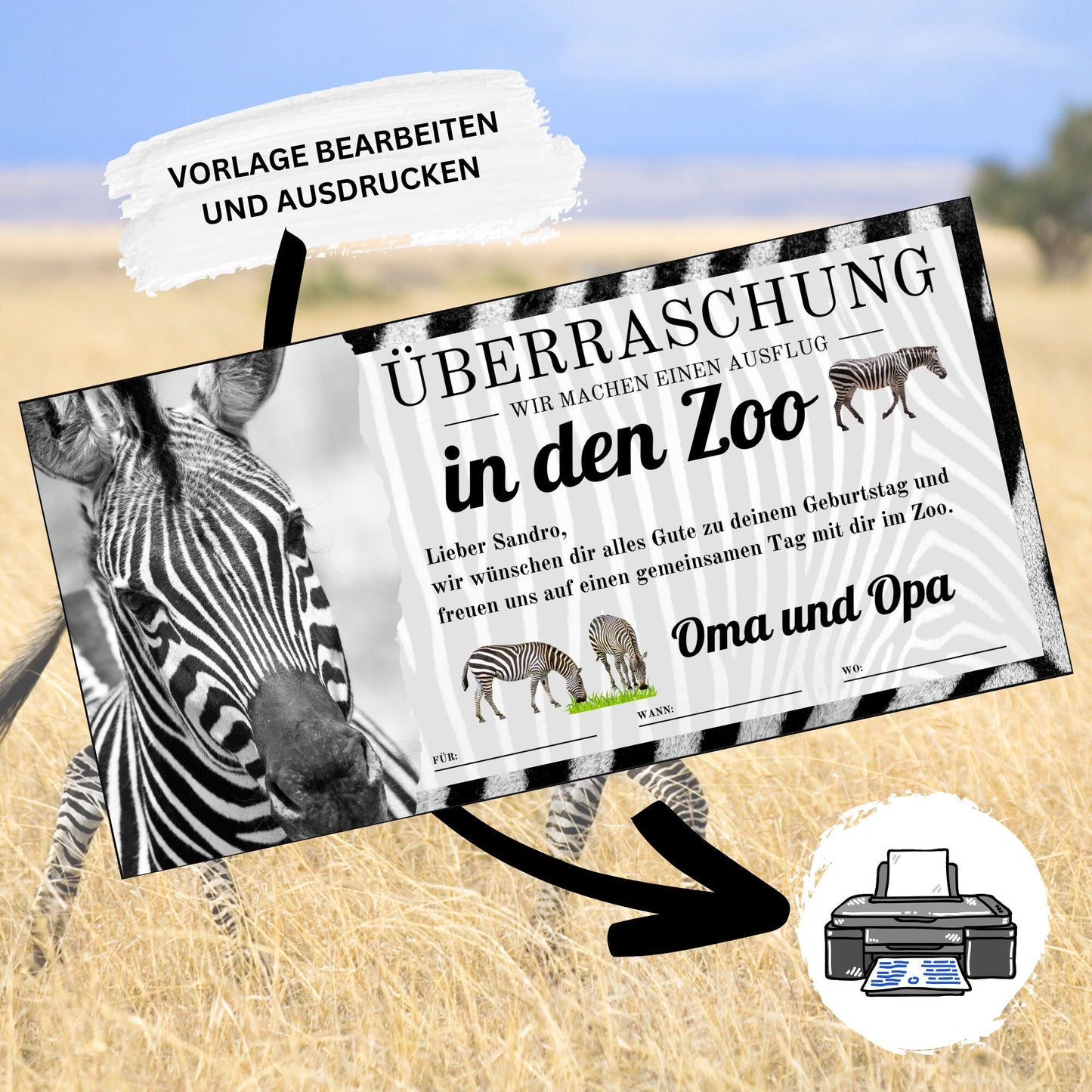 Gutschein - Zoobesuch Erlebnispark Geschenkgutschein Zebra Wildtier