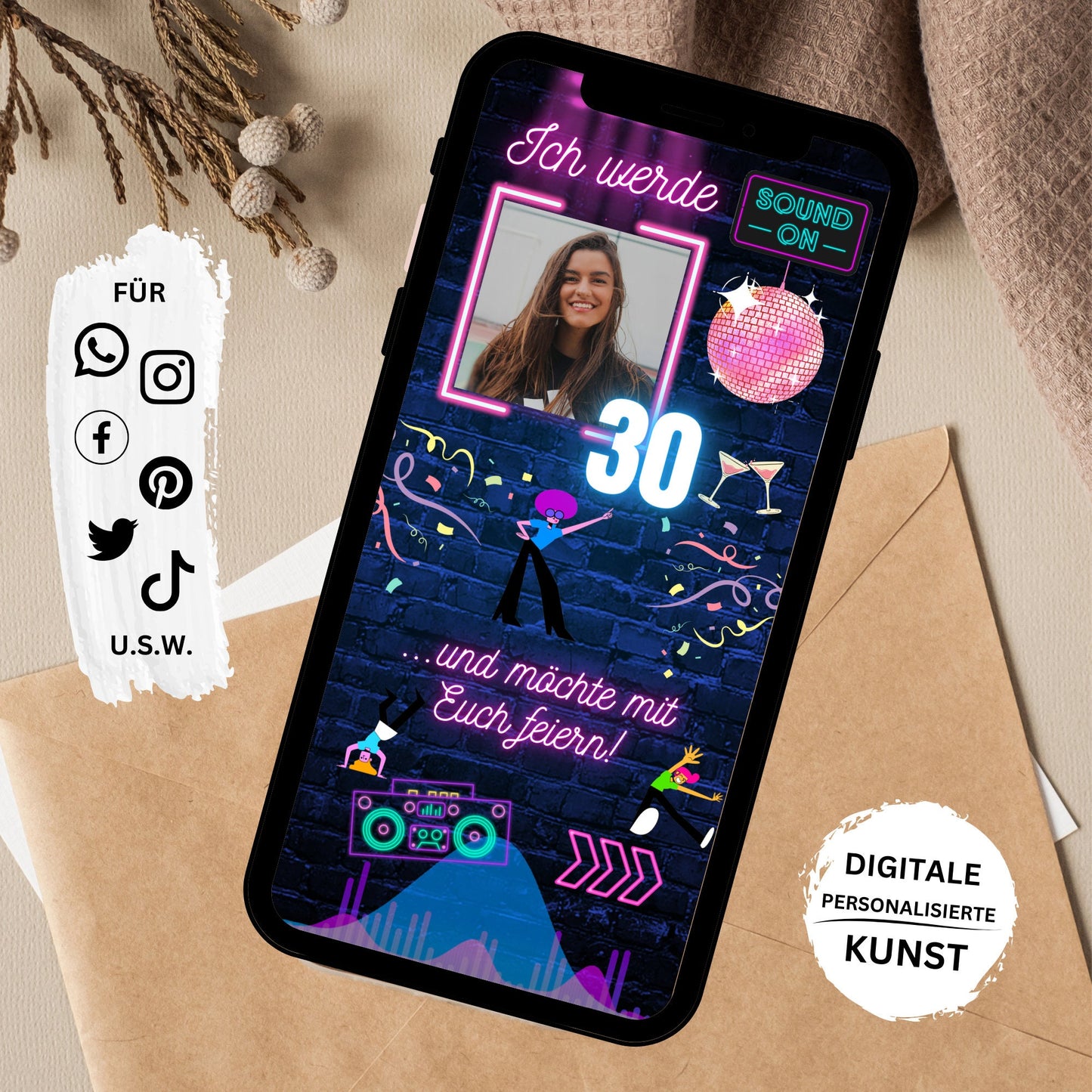 eCARD - Animierte moderne Neonparty Geburtstagskarte