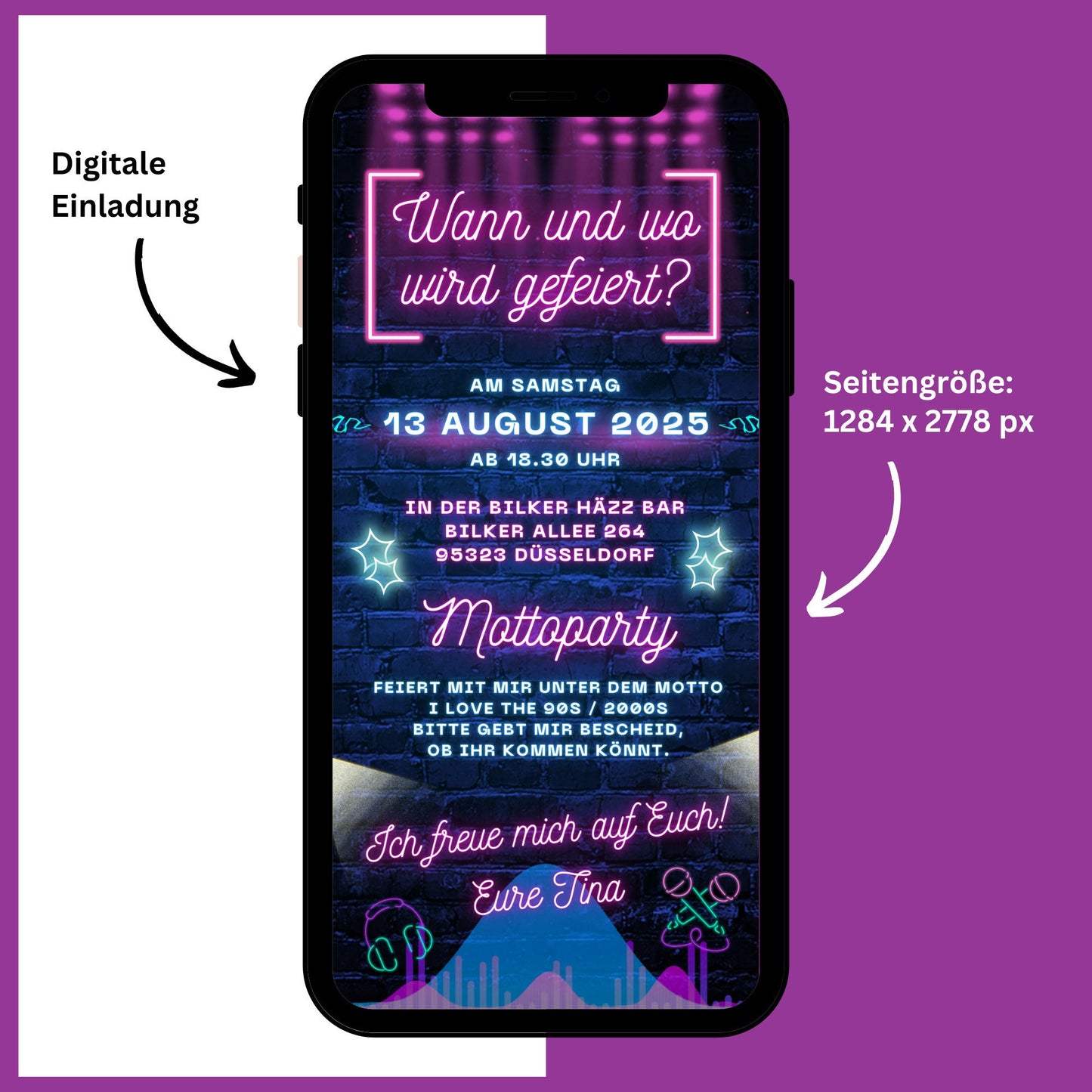 eCARD - Animierte moderne Neonparty Geburtstagskarte