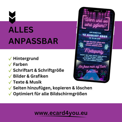 eCARD - Animierte moderne Neonparty Geburtstagskarte