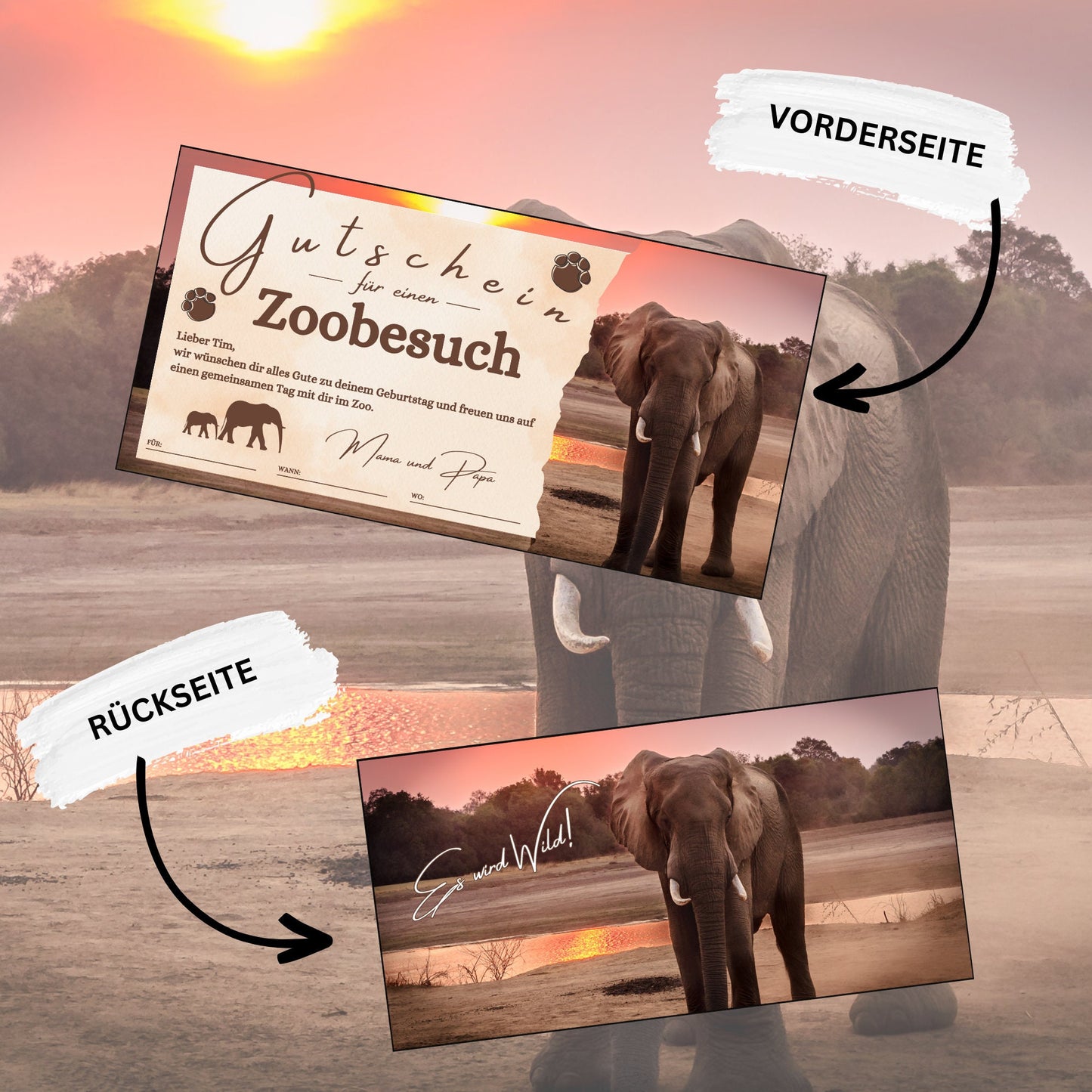 Gutschein - Zoobesuch Erlebnispark Geschenkgutschein Elefant