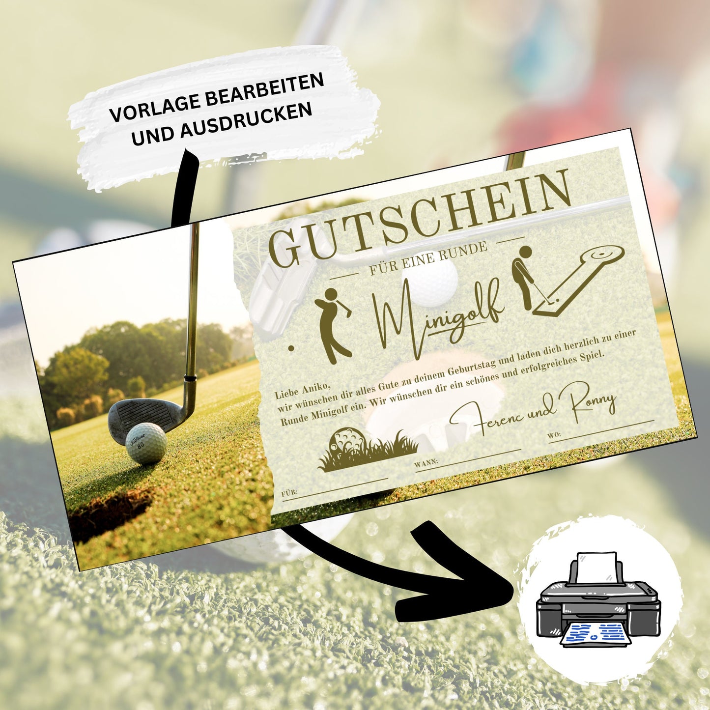 Gutschein - Minigolf Spiel Golfstunden Geschenkgutschein