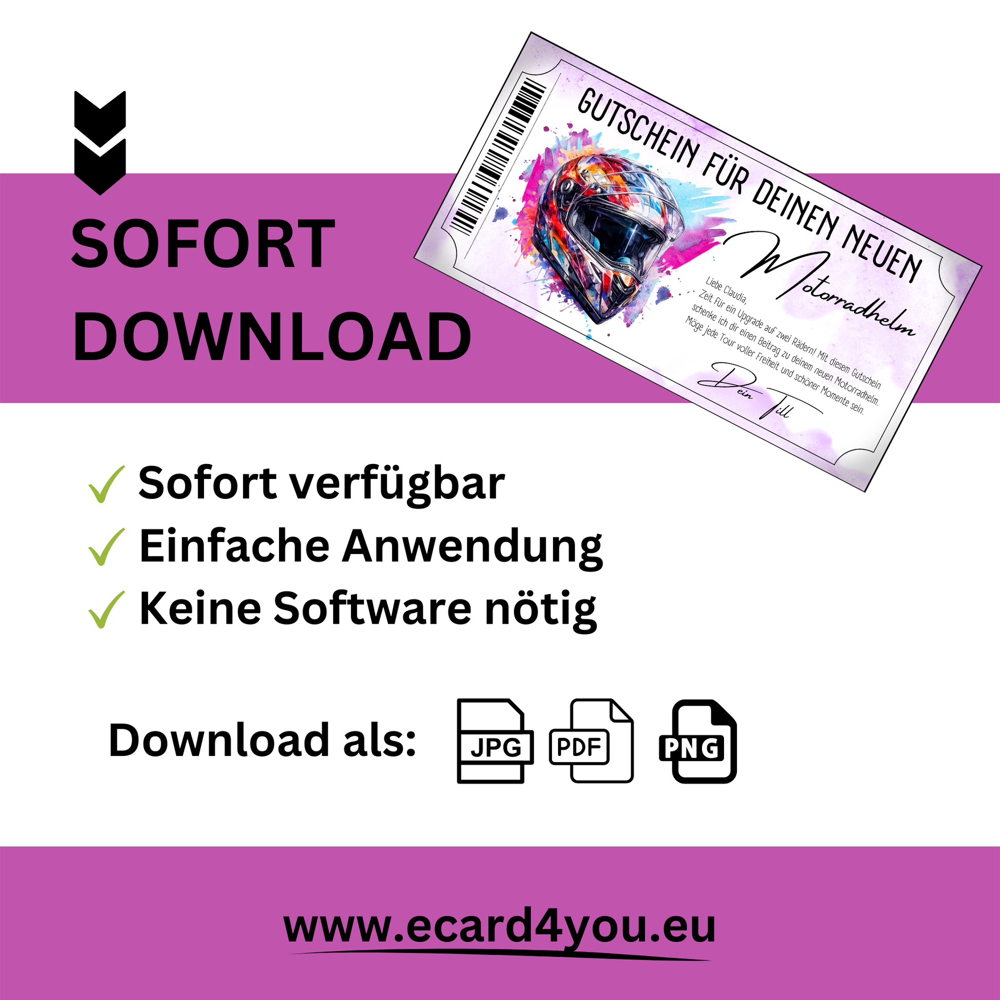 Motorradhelm Gutschein Integralhelm bunt Lavendel Silber-Ticket digital personalisierbar