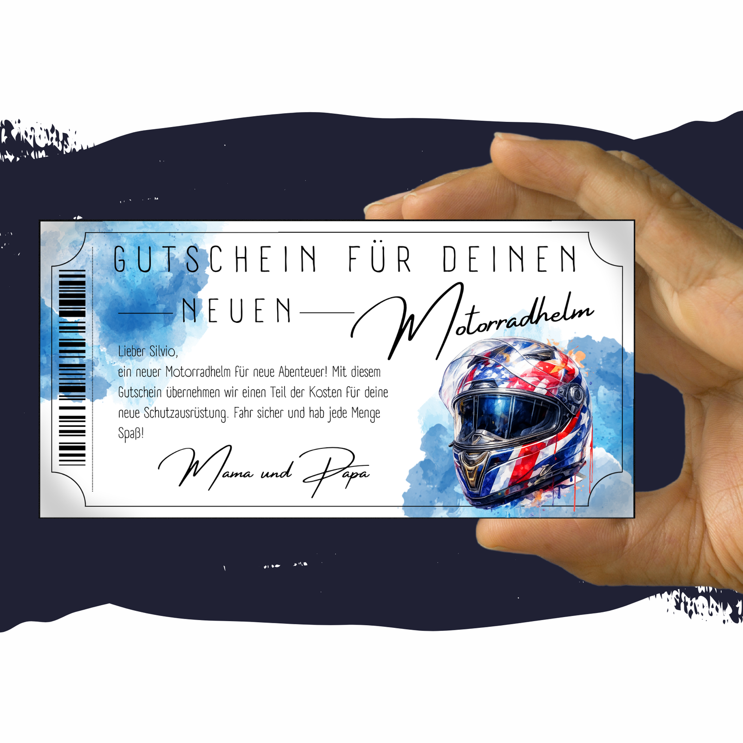 Motorradhelm Gutschein Integralhelm Racing rot-weiss-blau Aquarell personalisierbar
