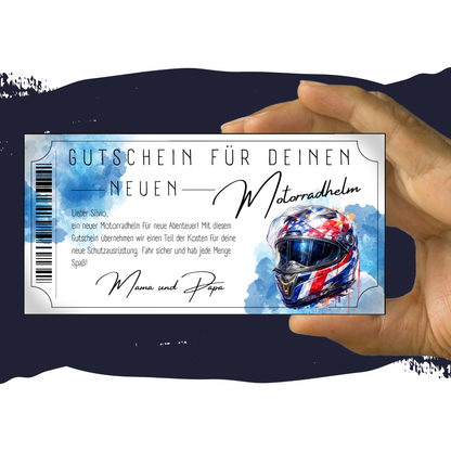 Motorradhelm Gutschein Integralhelm Racing rot-weiss-blau Aquarell personalisierbar