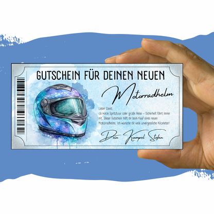 Motorradhelm Gutschein Integralhelm tuerkises Visier Aquarell blau-violett personalisierbar