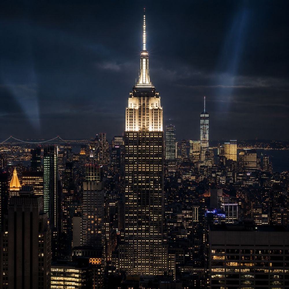 Nächtliche New Yorker Skyline mit Empire State Building – Inspiration für einen digitalen Städtetrip Gutschein zum Verschenken 