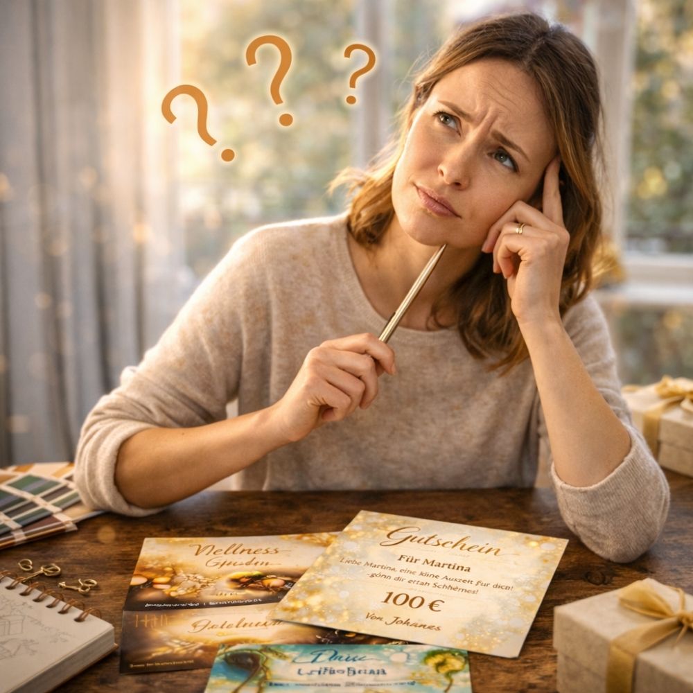 Frau überlegt mit Stift, umgeben von Gutscheinen und Geschenken, nachdenklicher Blick.