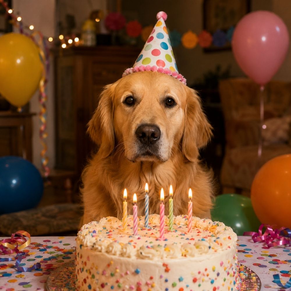 Golden Retriever mit Partyhut am festlich gedeckten Geburtstagstisch – witzige digitale Einladungskarte zum Verschicken