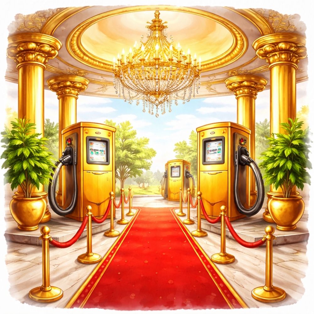 Humorvolle Illustration einer luxuriösen Tankstelle mit goldenem Teppich – witziges Motiv für einen lustigen Tankgutschein als Überraschungsgeschenk