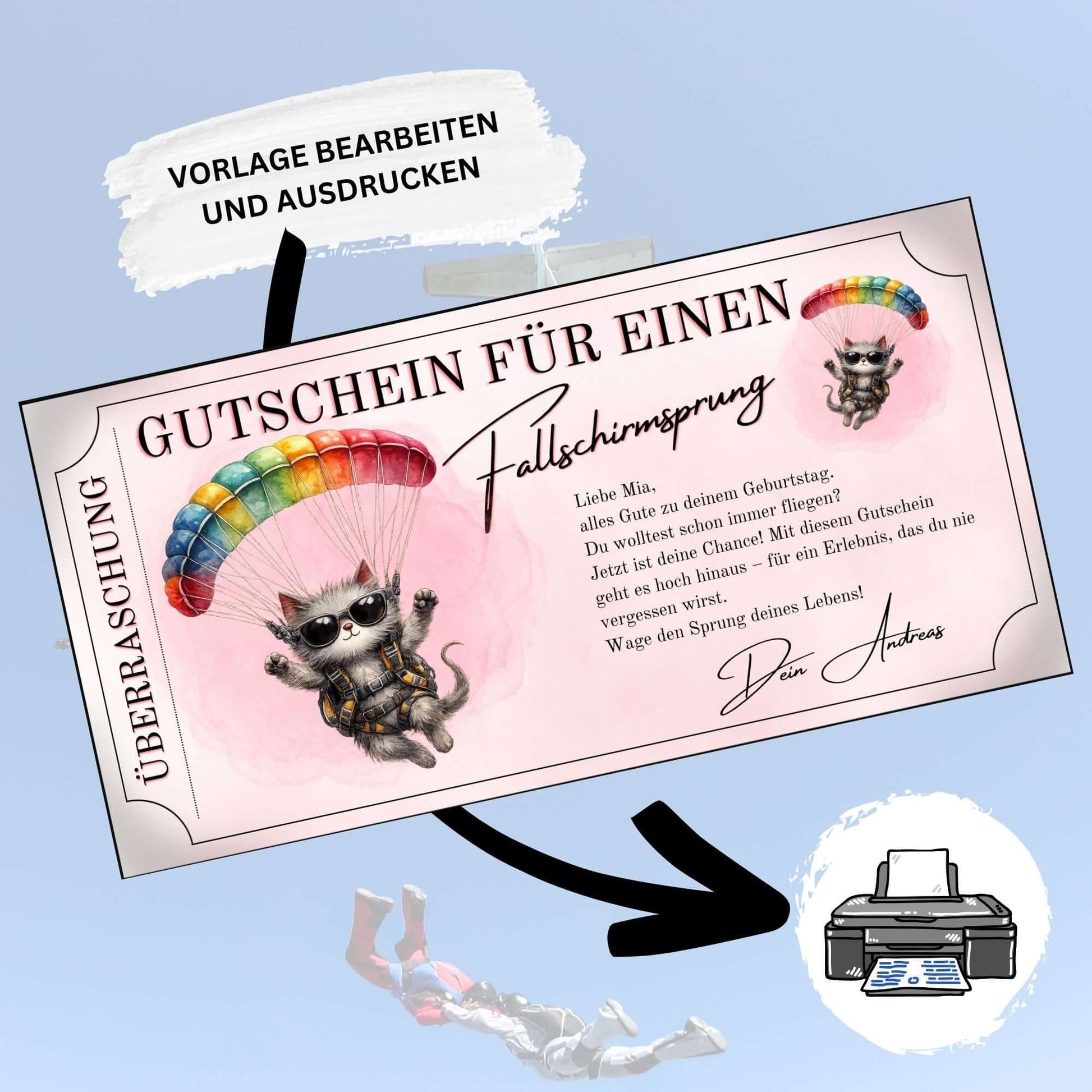 Digitaler Erlebnisgutschein Fallschirmsprung lustig mit zwei Cartoon-Katzen und Regenbogenschirm
